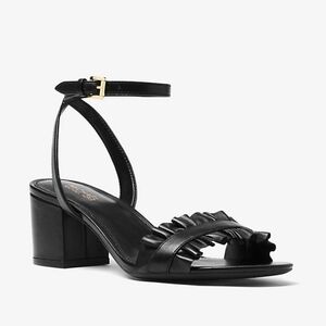 Michael Kors Bella Ruffled Leather Block Heels Sandals Black Sz 7.5 Ankle Strap